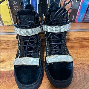 Giuseppe Zanotti Peacock Velvet High-Top Sneakers with crystal buckles